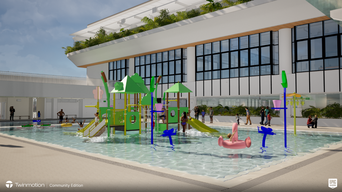 Roof-top pool with waterplay